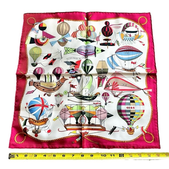 HERMES “Les Folies Du Ciel” Red Multicolor Colorful 100% Silk Scarf Carre 40 - Picture 11 of 12